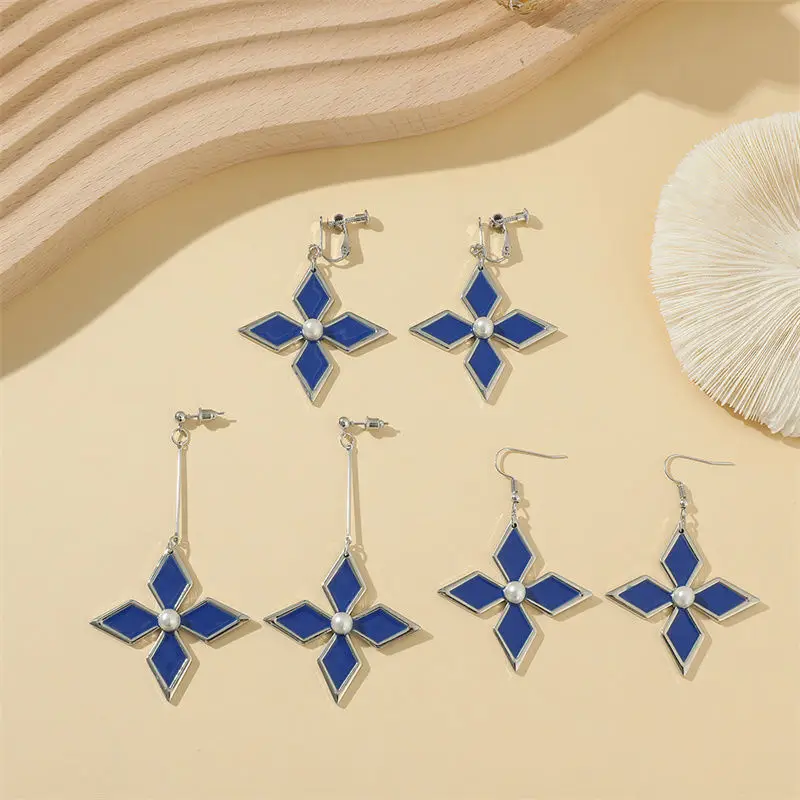 

Genshin Impact Blue 4 Point Star Earpin Earclip Earring Drop Jewelry Gift for Friends Lovers Academy Game Fans COS Accessories