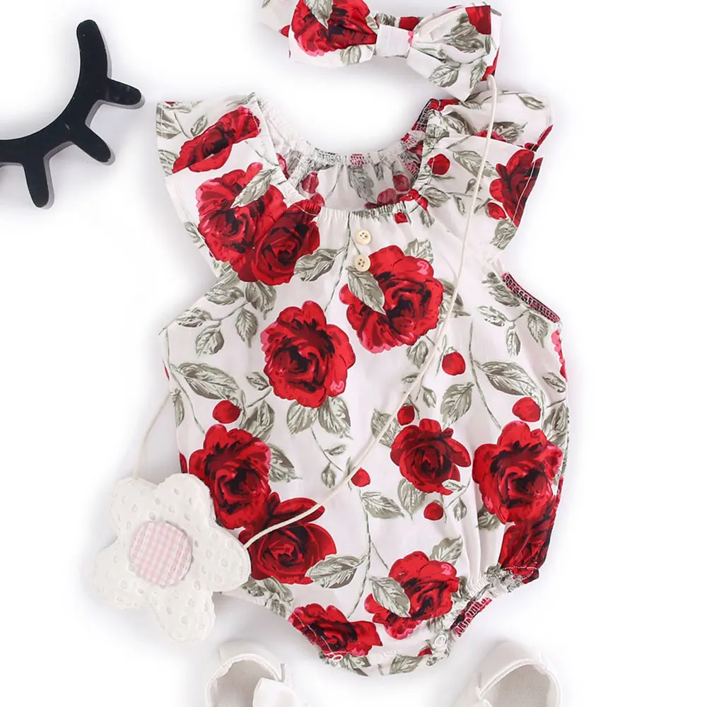 

Newborn Baby Girls Floral Print Romper with Head Band 2022 New Summer Infant Short Sleeve O Neck Bodysuits Jumpsuits Playsuits