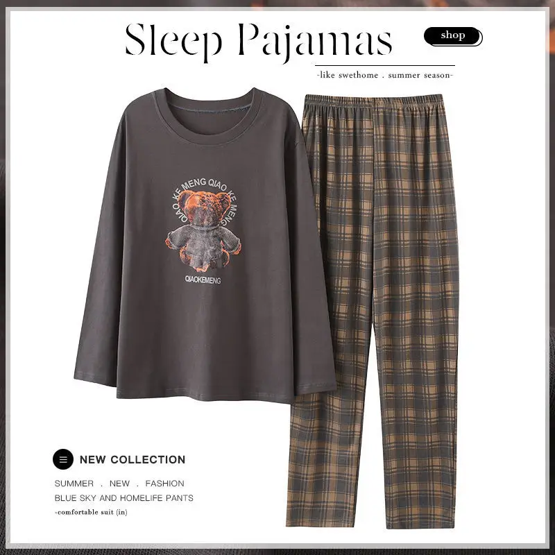 2022 Autumn Casual Striped Cotton Pajama Sets for Men Short Sleeve Long Pants Sleepwear Pyjama Male Homewear Lounge Wear Clothes