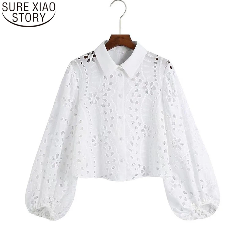 

Модная ажурная вышитая рубашка, новинка весны, женская блузка, Повседневная Свободная однотонная Модная одежда с длинным рукавом, блузы 22119