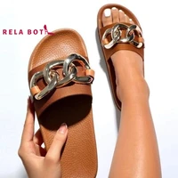 new slippers for women 2022 chain sandals for women one line slippers metal chain buckle leather outside pvc rubber women shoes
