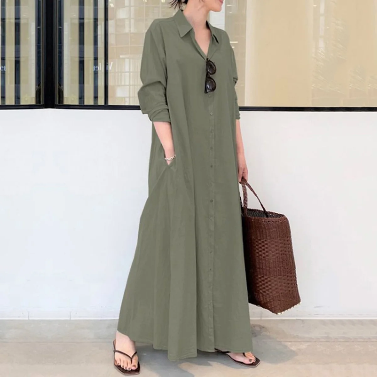 

Yeezzi 2022 Spring and Summer Women Solid Color Fitness Breathable Casual Long Sleeve Plus Size Lapel Shirt Dress for Female