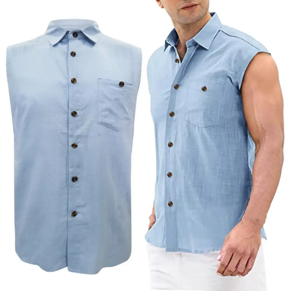 

Men Shirt Linen Blend Solid Color Sleeveless Turn-down Collar All Match Simple Shirts Summer Casual Shirts Top camisa masculina