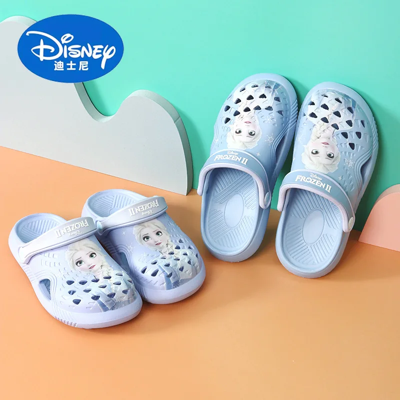 

Тапочки для девочек из натуральной кожи Disney, летние Нескользящие шлепанцы с мультяшным принтом для маленьких принцесс, сандалии с дырками для сада