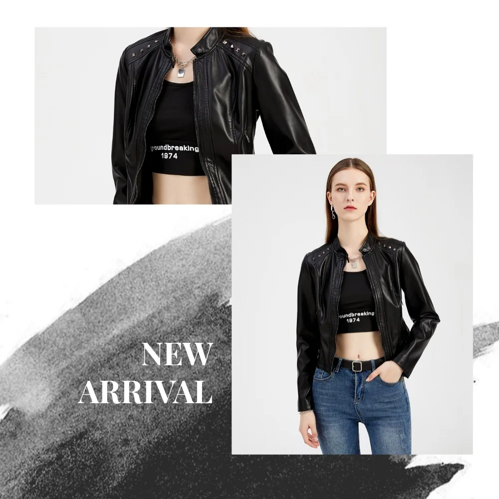 Women Short Jacket With Rivet Spring Autumn Fashion Style Pu Leather Jackets Front Zip Up Coat 6 Colors Available Dropshiping