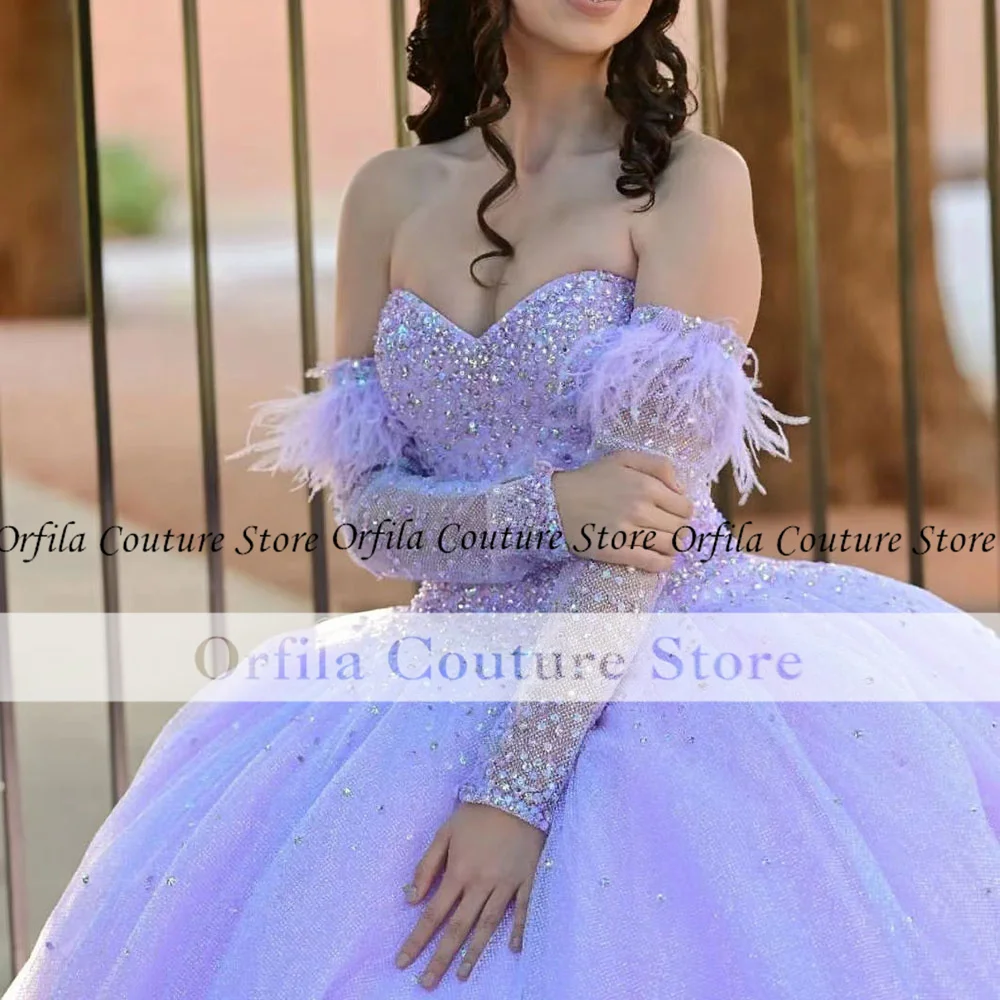 Фото Lanvender Quinceanera платья с перьями с открытыми плечами мексиканские Vestidos De XV лет милое 16 нарядное платье №3