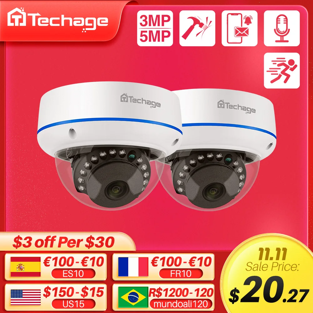 

Techage H.265 1080P 3MP 4MP 5MP Indoor Dome 48V POE IP Camera Audio VandalProof IPC P2P Video CCTV Security Surveillance