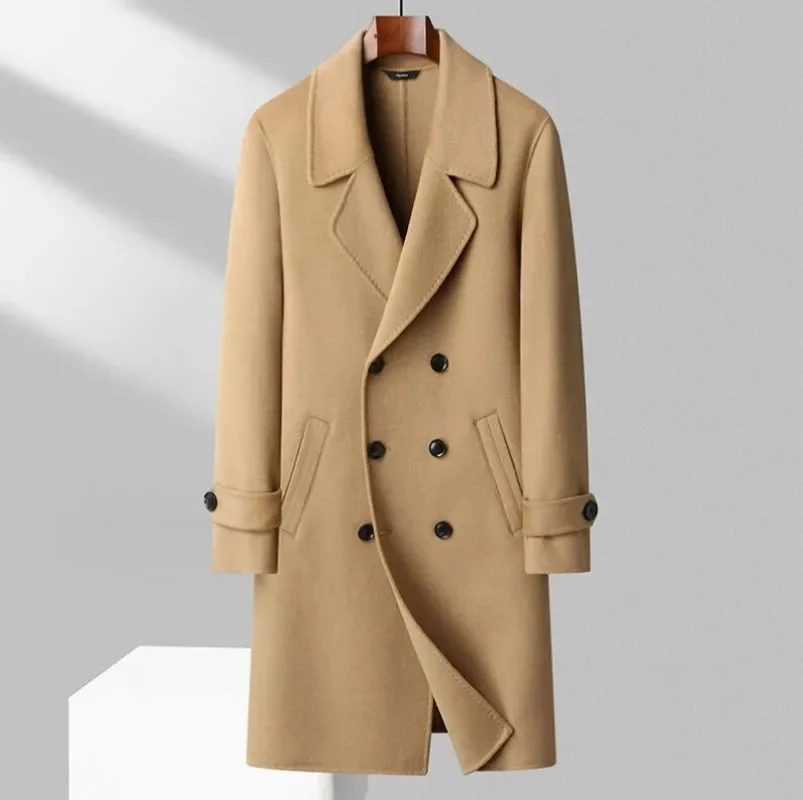 

100% Wool Coat Men's 2023 Autumn/Winter Business Casual Double Breasted Long en Overcoat Outwear Solid Windbreak Jacket