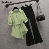womens suits 2022 summer new fashion casual shirts wet pants two piece korean style elegant short sleeve blouse trousers set