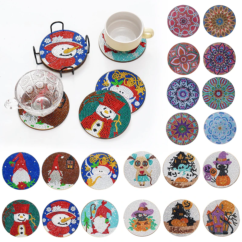 

6/8PCS Christmas Coaster DIY Diamond Painting with Mat Stand Wooden Cup Mat Cushion For Home Office Party Christmas Decoration