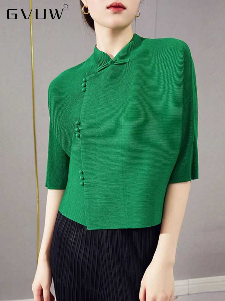 

Женская плиссированная рубашка GVUW в китайском стиле с дисковой пряжкой, короткий элегантный женский топ с рукавом три четверти, осень 2023, ...
