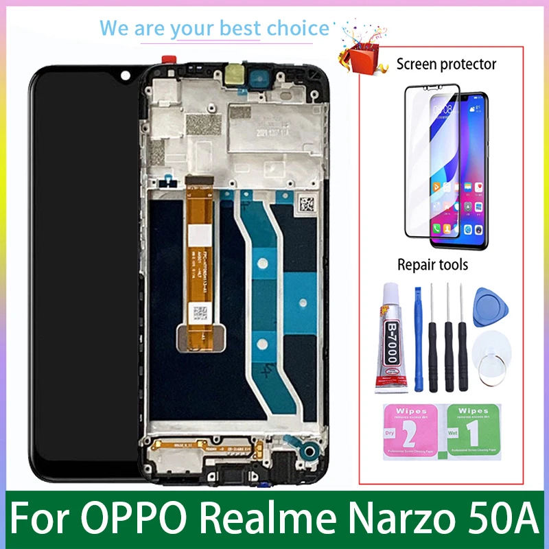 

ЖК-дисплей 6,5 дюйма качества AAA для Realme Narzo 50A, дисплей RMX3430 с рамкой кодирующий преобразователь сенсорного экрана в сборе, запасные части для ...