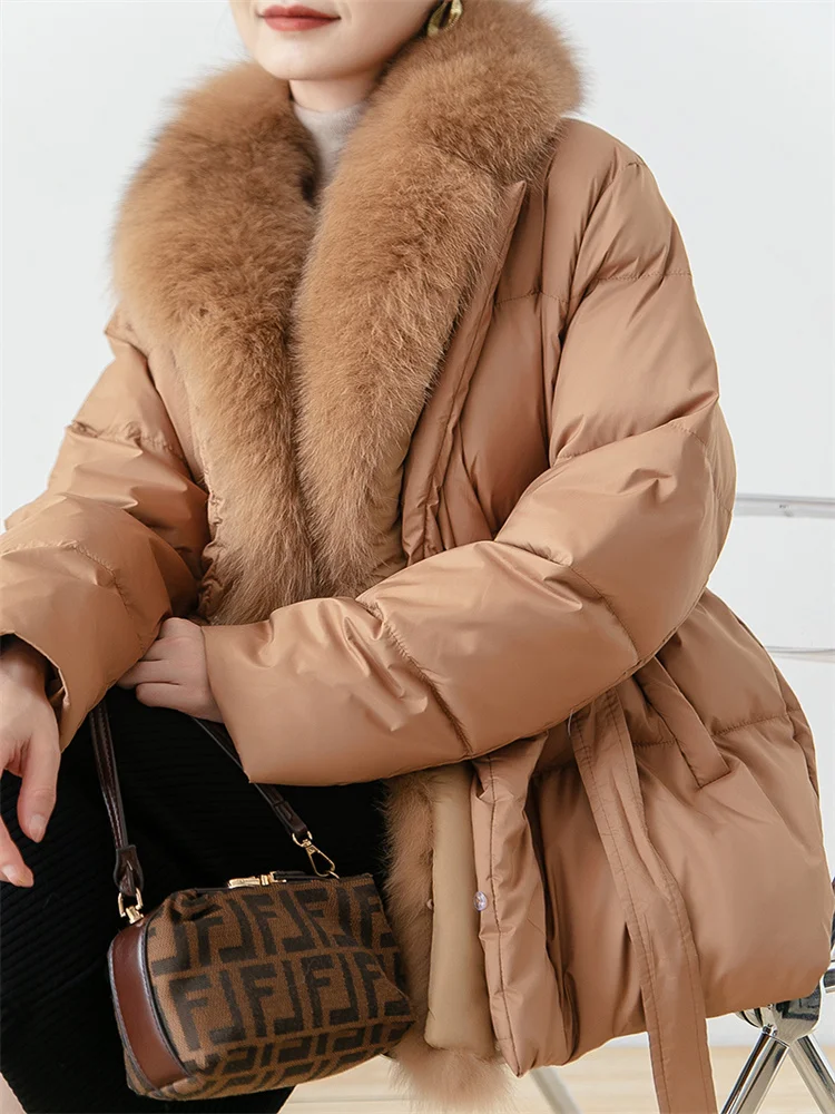 

Faux Fox Fur Collar Down Coat for Women Winter Thick Puff White Goose Down Overcoat Sash Waist Fluffy Warm Fashionable Parkas
