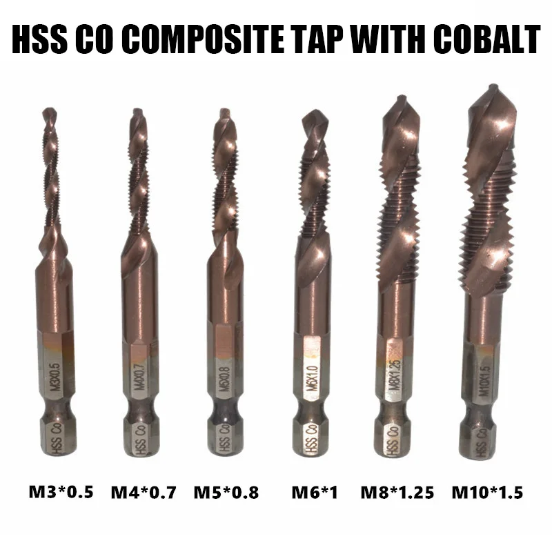 

6 шт. композитный кран с кобальтовым содержанием 1/4, шестигранный хвостовик, резьбонарезающее Сверло HSS Tap M3 M4 M5 M6 M8 M10, Обрабатывающие инструменты