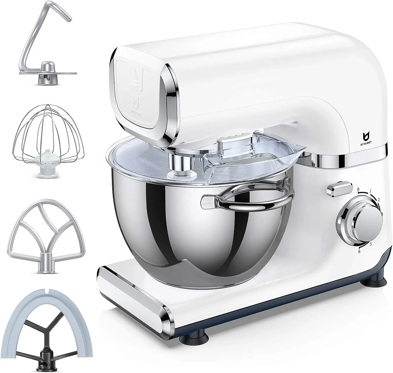 

Mixer, 6 Adjustable Speeds Automatic Tilt- Mixer with Flex Edge Beater(Bowl Scraper), Egg Whisk, Dough Hook, Flat Beater, Splas