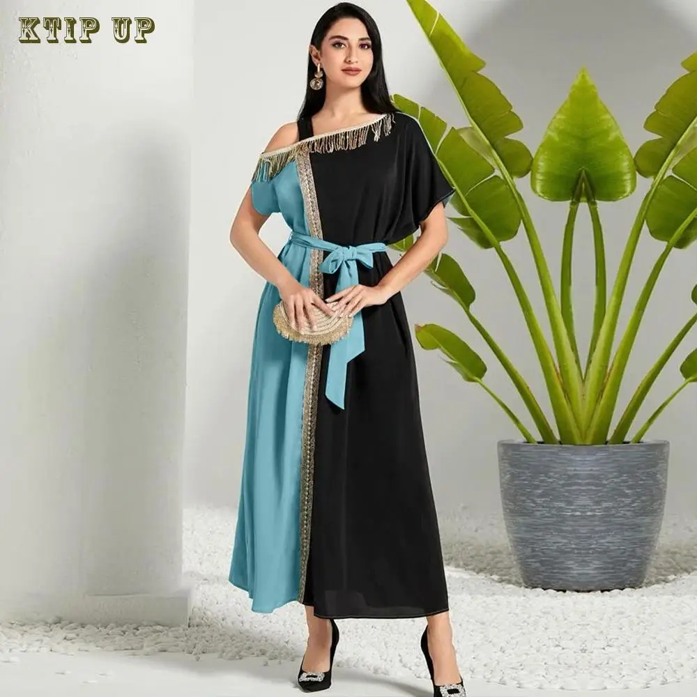 

Арабский Ближний Восток цзилбаб Дубай Новые мусульманские модные блестки бахрома красочная вышивка кружева контрастное платье индейка одежда