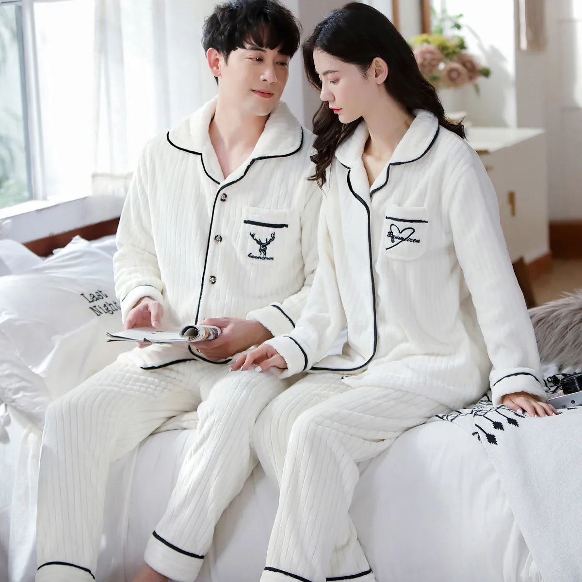 

Women Set Nightwear Winter Velvet Sleepwear V-Neck Autumn Plus Flannel White Pajamas Couple Casual Size Coral Suit Home Service