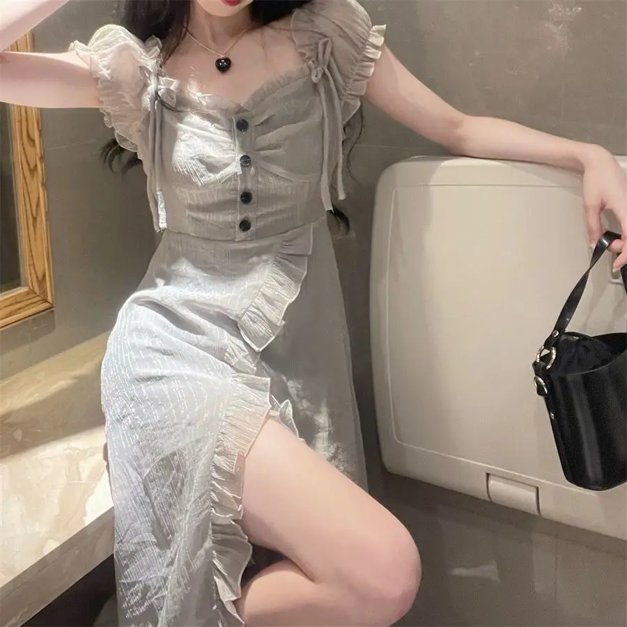 

Woman Summer Dress 2023 Fashion Square Collar Slim Puff Sleeve Split Dresses For Women Korean Vestidos