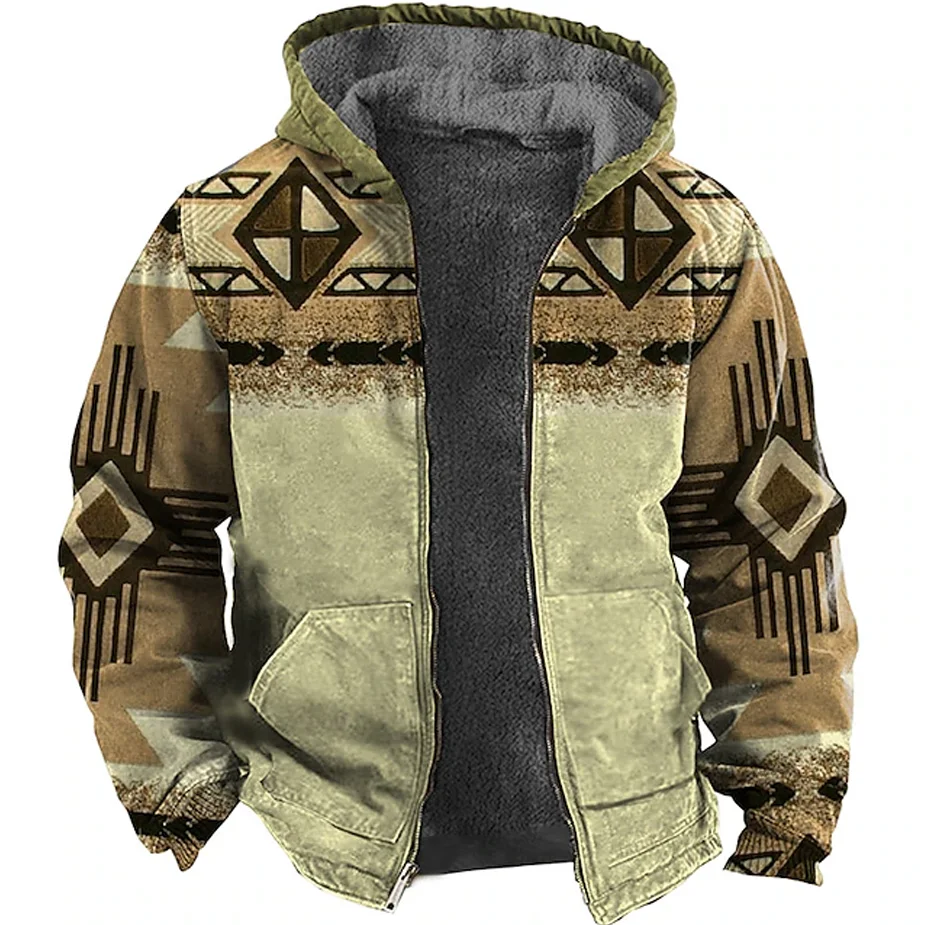 

2023 Winter Men Zip Up Hoodies Long Sleeve Fleece Hood Jackets Splicing Traditional Tribal Graphics Casual Outerwear Sweatshirts
