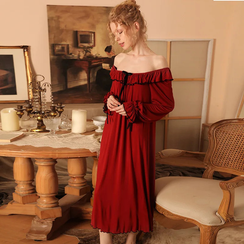 Women's Retro Wine Red Noble Elegant Square Collar Straight Collar Loose Fitting Modal Lounge Nightgowns Sleepshirts Sleepwear