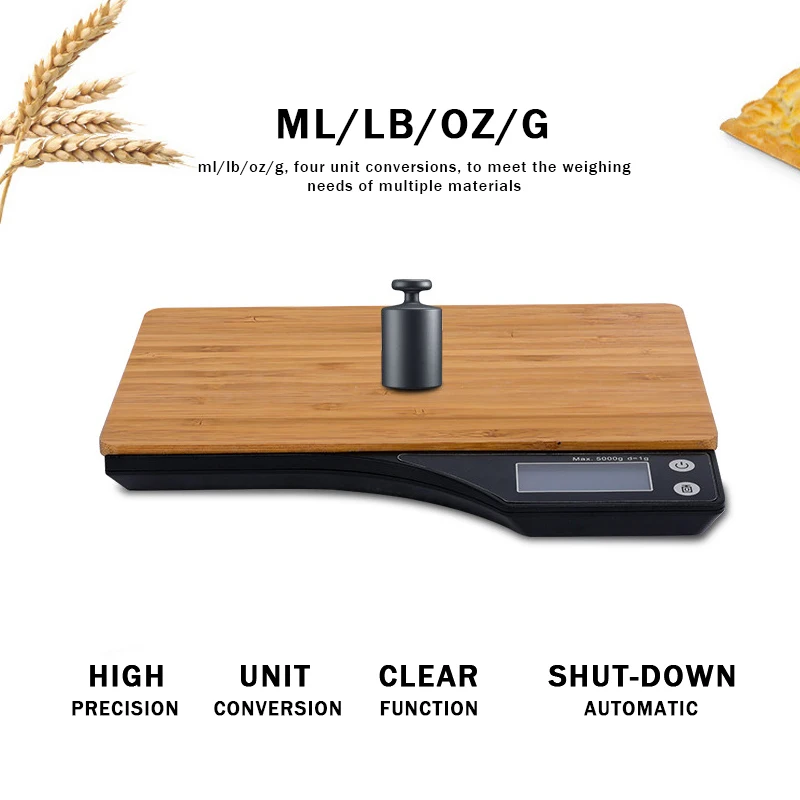

5kg/1g Digital Electronic Kitchen Food Diet Scale Coffee Scale Lightweight Household LCD Display Electronic Bamboo Board Scale
