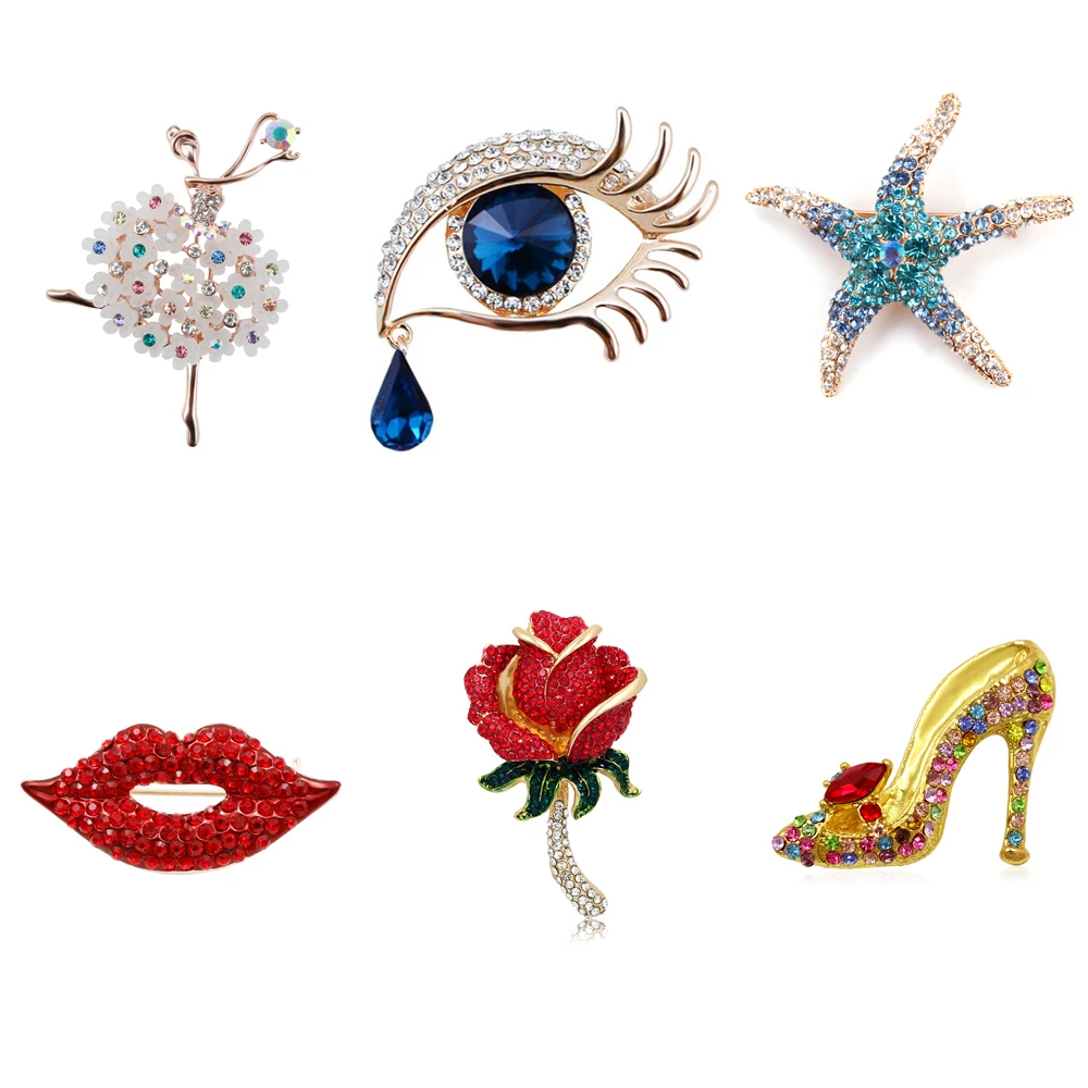 

New Arrival Rhinestone Brooch for Women Dancing Girls Lips High Heel Eye Rose Flower Starfish Assorted Fashion Sexy Brooch Pins