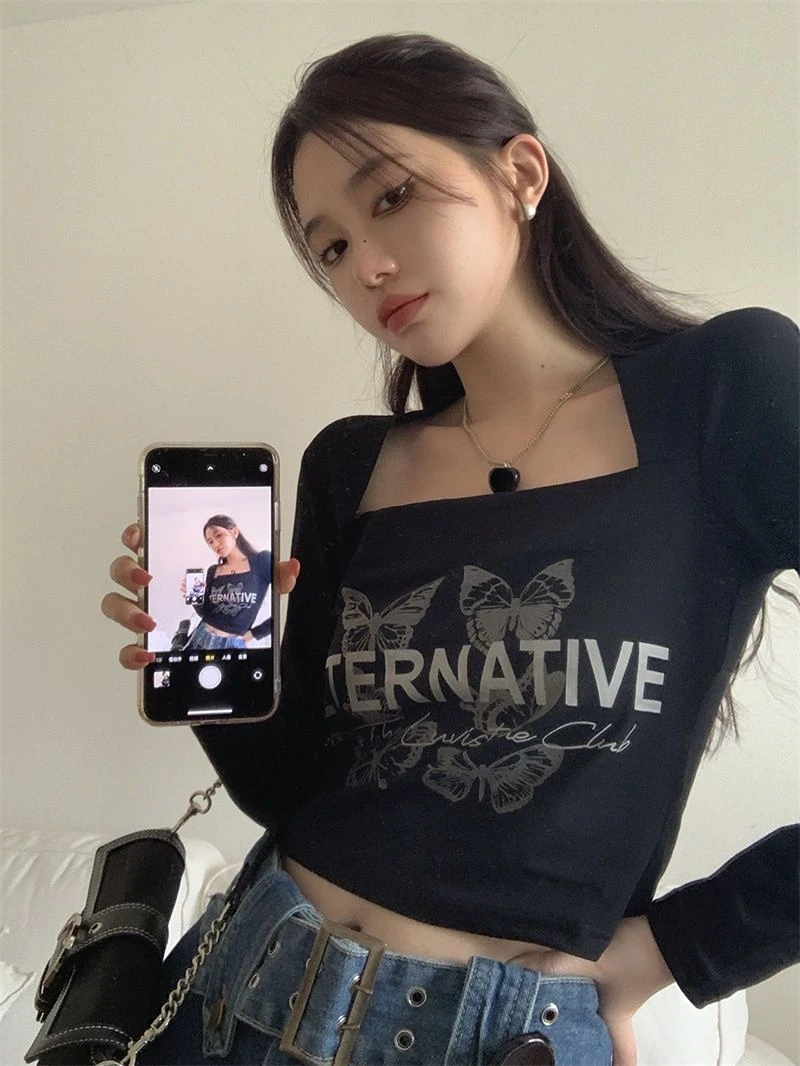 

Square Collar Tees Slim Fit Women Black Long Sleeve Tshirts High Street Tops Butterfly Letter Print American Retro Camisetas