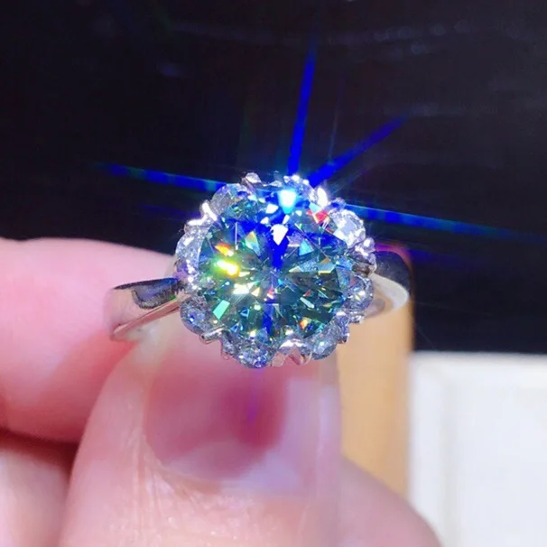 

2 carat eight heart eight arrow plated PT950 imitation blue green mossan diamond full diamond opening ring