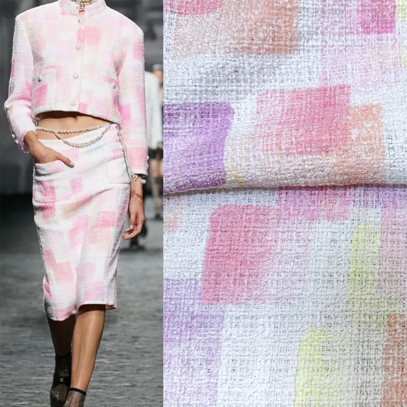 

50x145cm Pink Lattice Contrast Yarn-Dyed Braided Tweed Fabric For Women Autumn Jacket Dress Suits Coat Handbag DIY Cloth Sewing