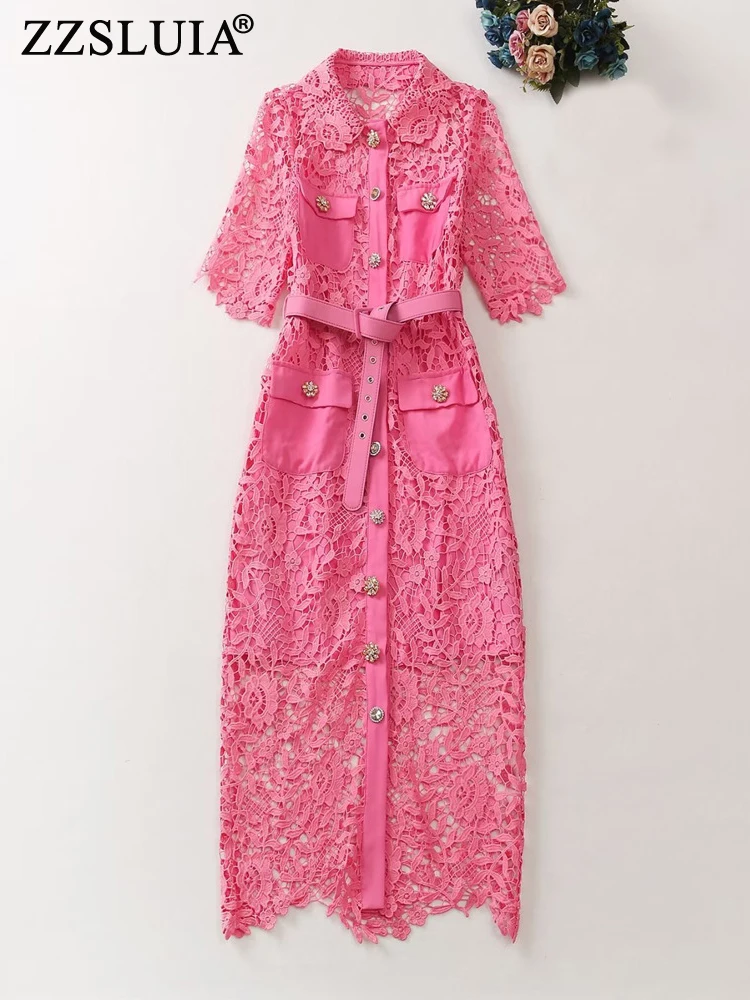 

ZZSLUIA элегантные платья для женщин Водорастворимая Вышивка дизайнерское тонкое платье миди модное ажурное платье с пуговицами со стразами