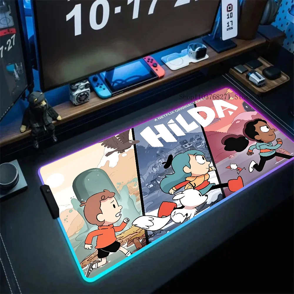 Cartoon H-Hilda Mousepad XXL RGB Gaming Mouse Pads HD Black Gamer Accessories Large LED
