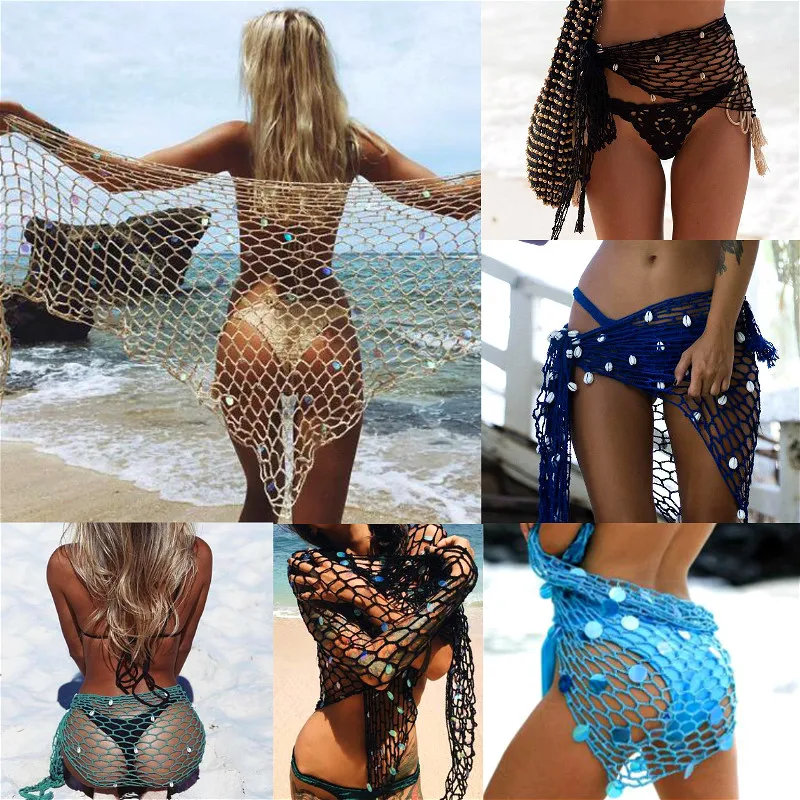 

Women Bikini Cover-ups Fishnet Crochet Wrap Shawls Sexy Beach Skirts Tunic Pareo Ladies Swimwear Cover Up