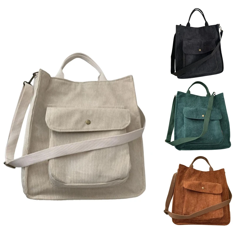 

Corduroy Shoulder Bag Women Vintage Shopping Bags Girls Student Bookbag Handbags Casual Tote With Outside Pocket