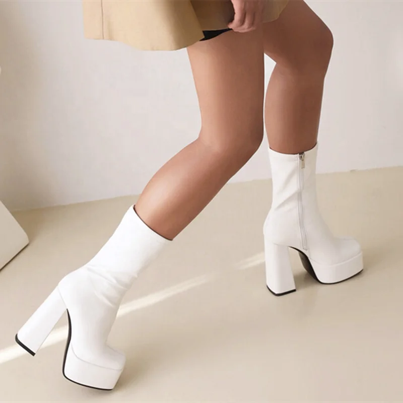 Solid Black White PU Upper Ankle Boots Autumn Winter High Heel Shoes Booty Thick Platform Square Toe Women Big Size 43