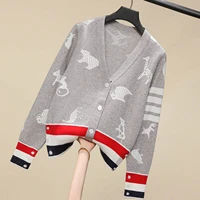tb college style cute cartoon puppy animal jacquard pattern loose v neck knitted cardigan sweater short coat autumn