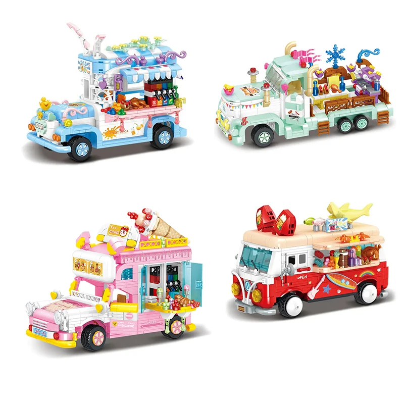 

New Mini Parts City Outing Bus Friends Camper Van Camping Car Princess Food Ice Cream Truck Street Building Blocks Toys For Girl