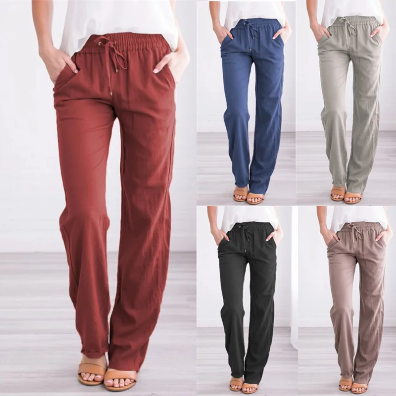 Cotton Linen Drawstring Loose Pants Women Korean Solid Pocket Wide-Leg High Waist Long Trousers Female Stretch Straight Pants