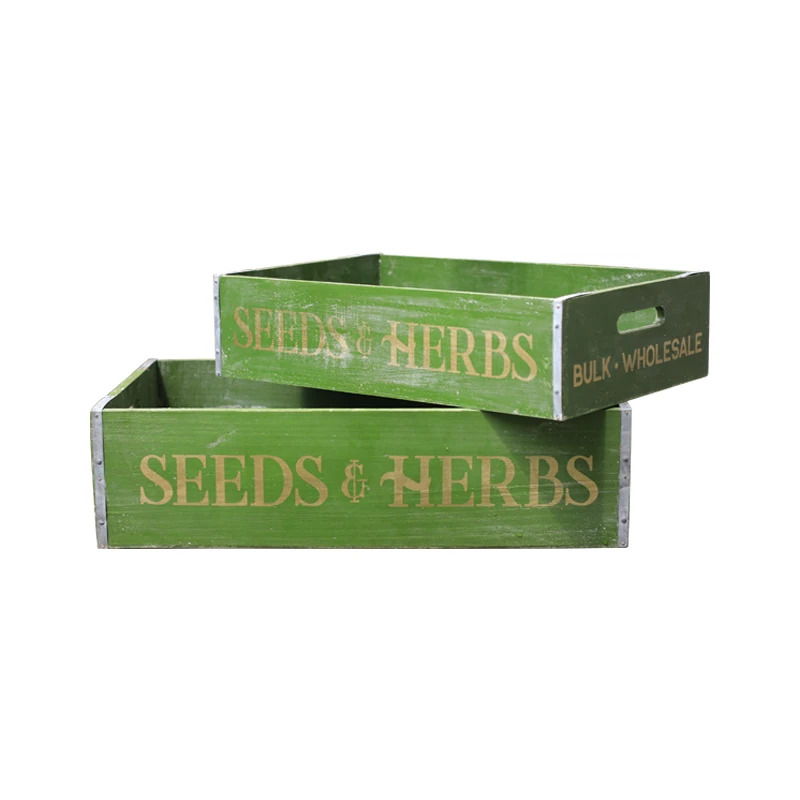 Seeds Herbs Motif Vintage Retro Green Wooden Planter Box Set