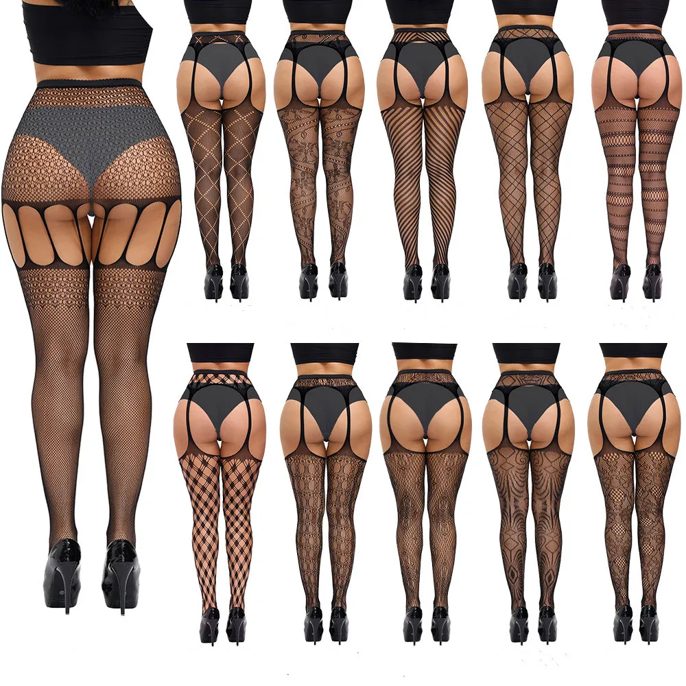 

New Plus Size Fishnet Stocking Garter Sexy Women Tight Open Crotch High Waist Lingerie Fishnet Pantyhose Crotchless Mesh Tight