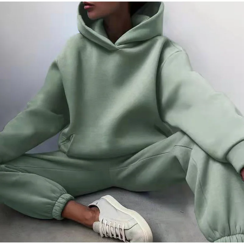 

Women's Solid Casual Long Sleeve Hooded Sport Suits Autumn Warm Hooded Sweatshirt and Long Fleece Pants Two Piece Sets