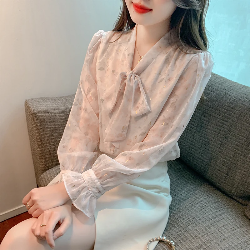 Модная женская блузка с длинным рукавом и бантом на воротнике Повседневная