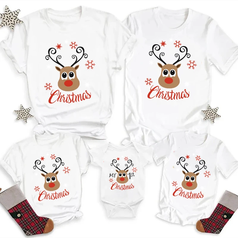 

New Reindeer Family Christmas Shirts Cotton Family Look Matching Dad Mom Kids Tshirts Baby First Xmas Rompers Outfits Clothes