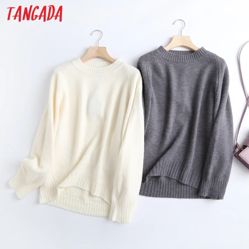 

Tangada Women 2021 Fashion Elegant Beige Knitted Sweater Jumper O Neck Female Oversize Pullovers Chic Tops 6D24