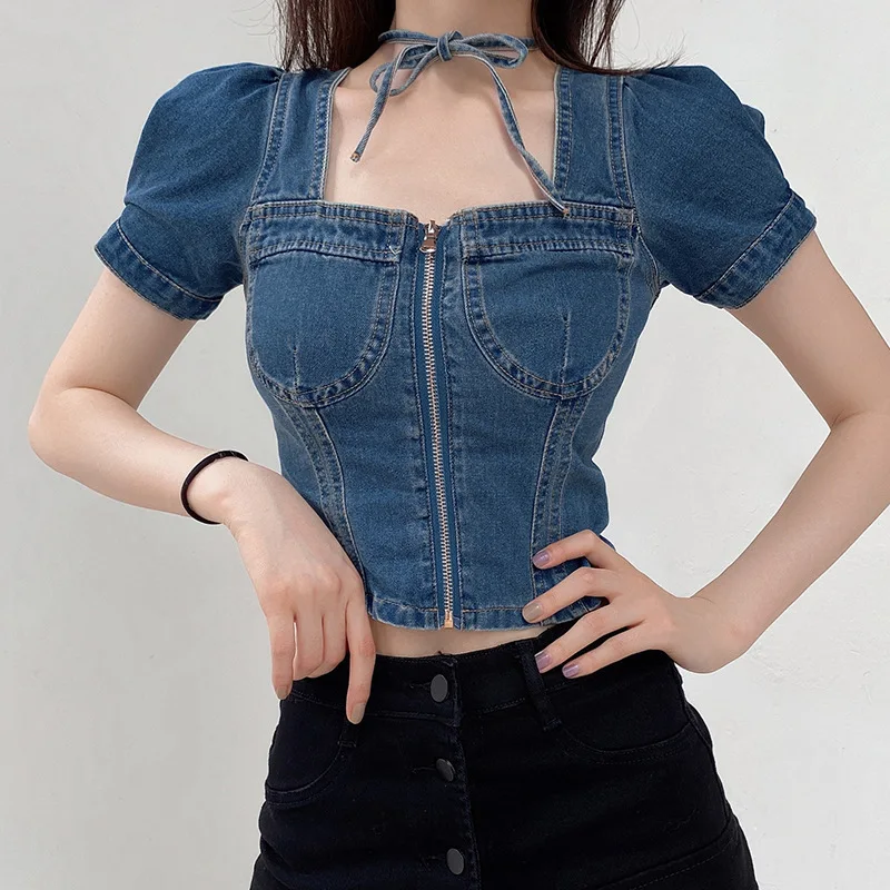 

Sexy Denim Square Collar Women T-shirt Short Puff Sleeve Zipper Blue Crop Top Lace Up Slim Fit Beauty Back Indie Y2k Summer Tops