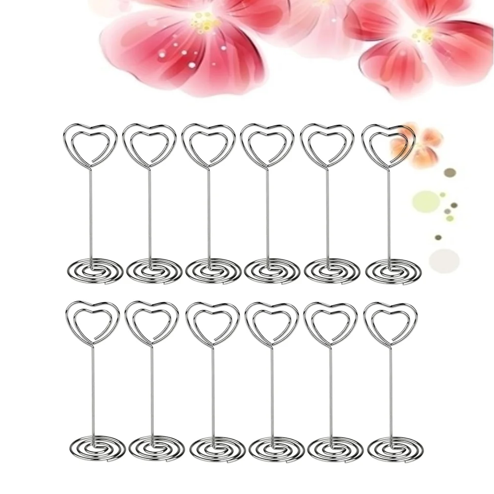 

12pcs Heart Shape Metal Clips Message Photo Holder Seat Note Stand Ornament for Wedding Silver