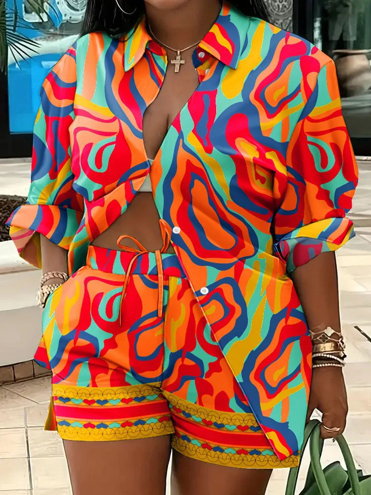 

Комплект из двух предметов для женщин, модная однобортная рубашка с принтом и лацканами и шорты на шнуровке с эластичным поясом, повседневный костюм