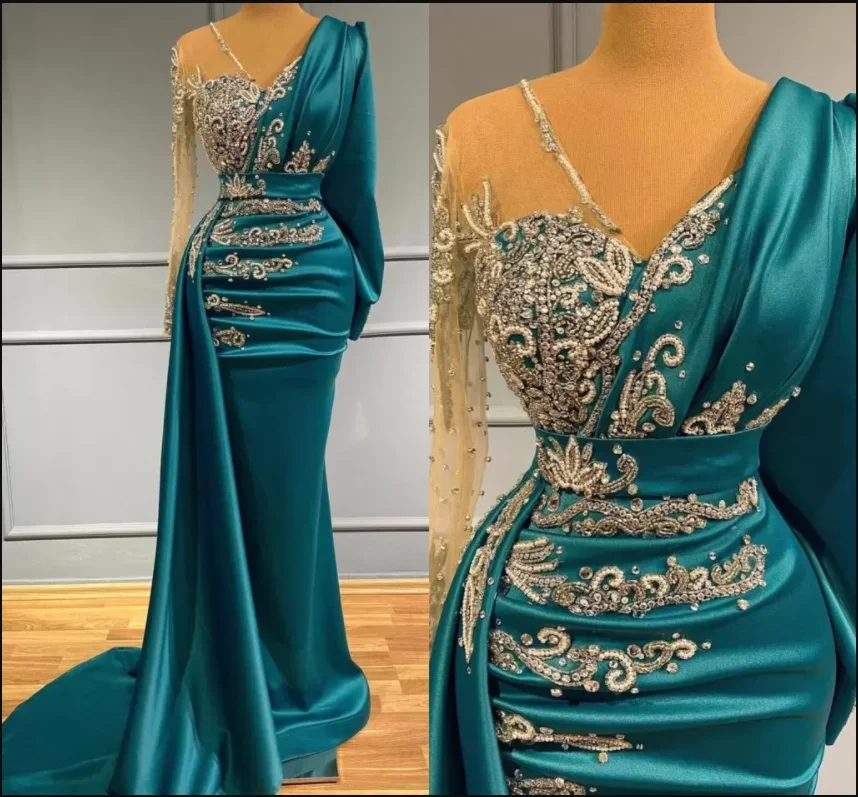 

Modest Long Sleeve Evening Dresses Formal Occasion Wear Gold Appliques Beads Hunter Sheer Neck Arabic Robe de soriee