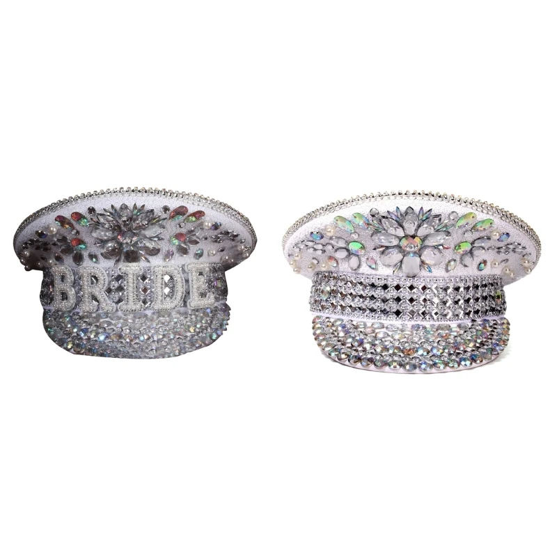 

N58F Bejeweled Crystals Heavy Crystal Sequins Captain Hat for Bride