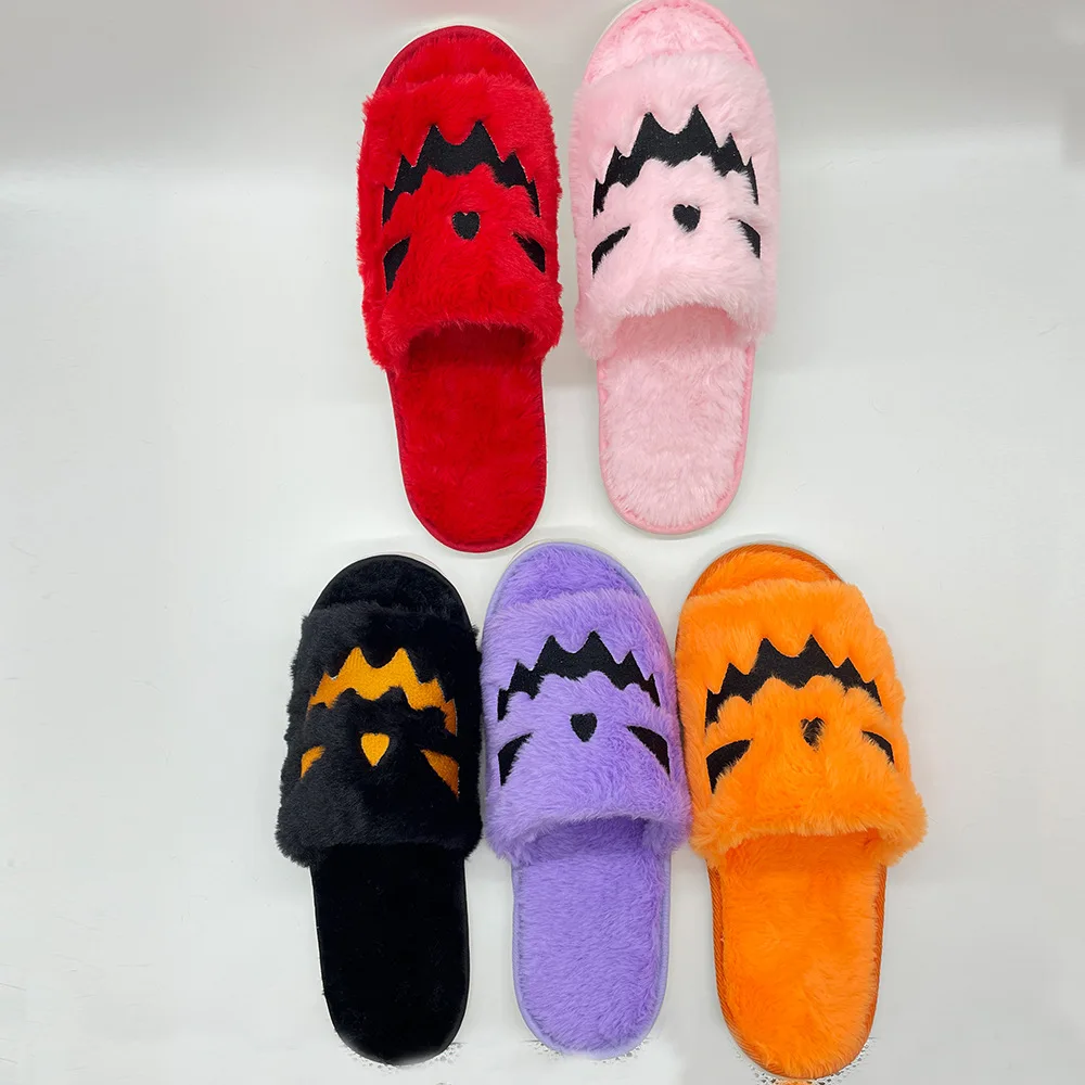 Fluffy Winter Warm Slippers Woman Girls Halloween Pumpkin Cartoon House Slippers Furry Comfort Flat Shoes Zapatos Mujer