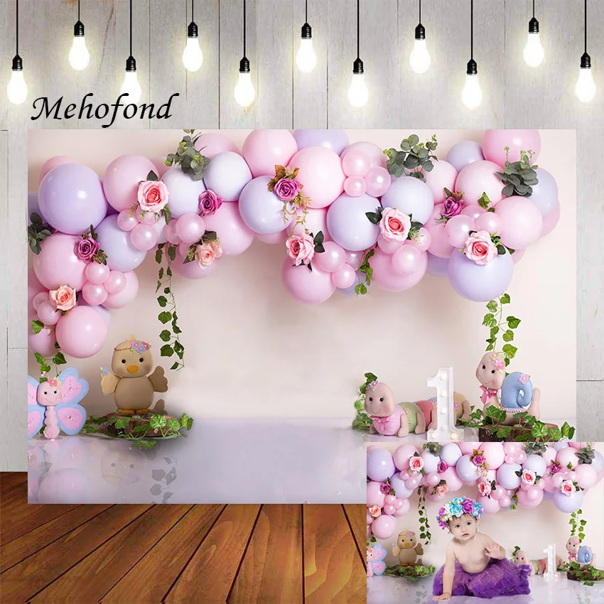 Mehofond Photography Background Cute Animal Purple Balloons Pink Flower Girl 1st Birthday Party Cake Smash Backdrop Photo Studio